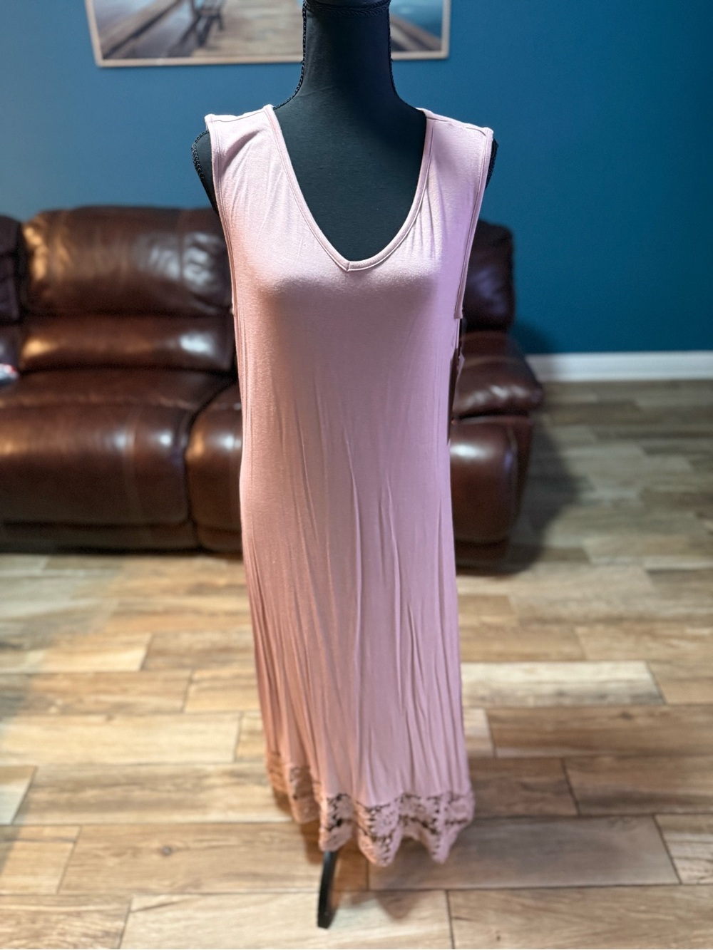 Nina Leonard Blush Pink Sleeveless Maxi Dress with Lace Trim